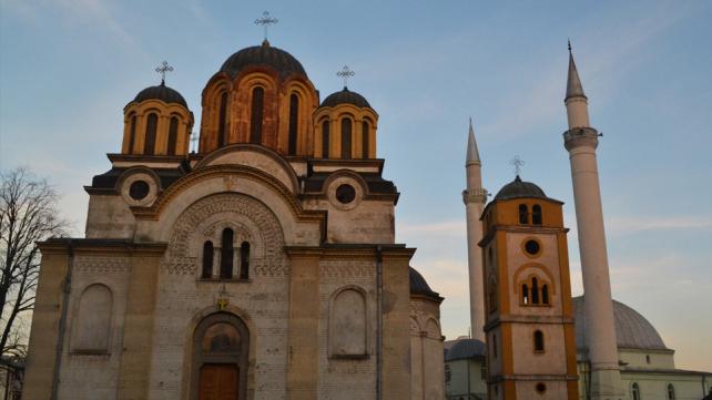 A mosque and a Catholic church in Kosovo