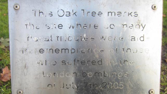 Remembrance plaquette at the oak tree in the gardens of Russell Square