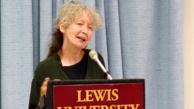 Kathy Kelly speaking at Lewis University