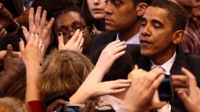 "Barack Obama and supporters, February 4, 2008" by Sage Ross 